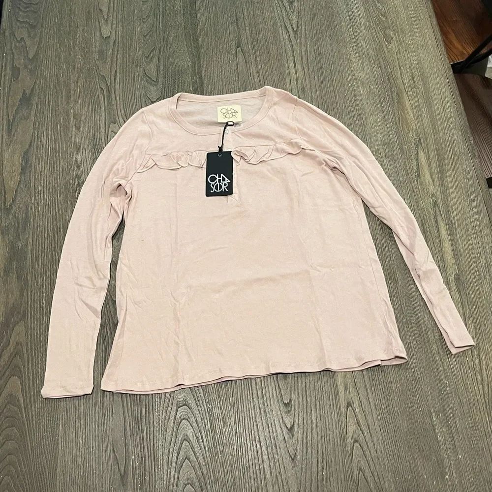 NWT Chaser Light Pink Long Sleeve Ruffled Scoop NeckโT-Shirt Size S